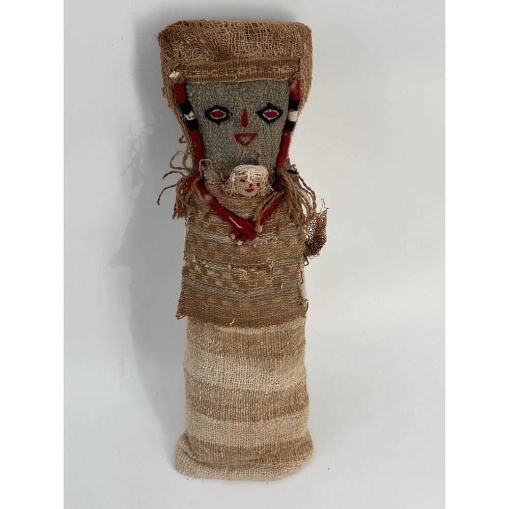 Vintage Chancay Peruvian Funerary Doll 10.5" Tall Mother & Child Burial Doll